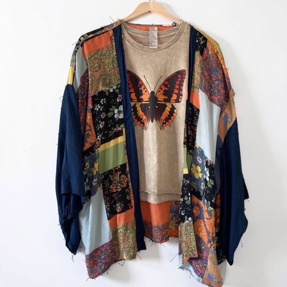Patchwork Kimono & Butterfly Tee Set, Women’s, Large, Boho bundle